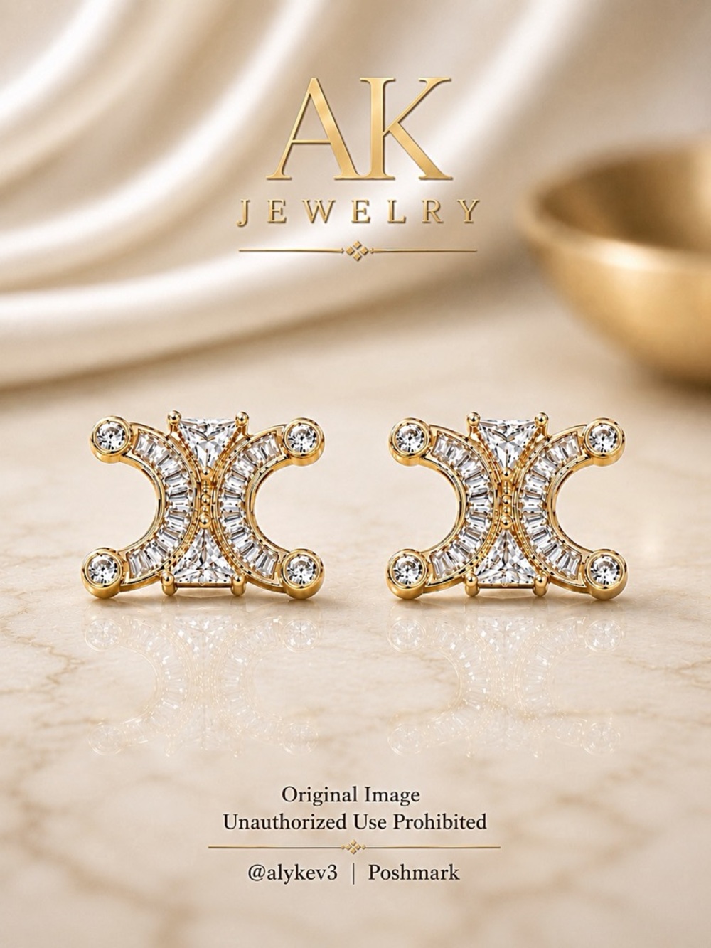 💎 Luxury Gold Crystal Stud Earrings | Elegant Geometric Statement | AK Jewelry